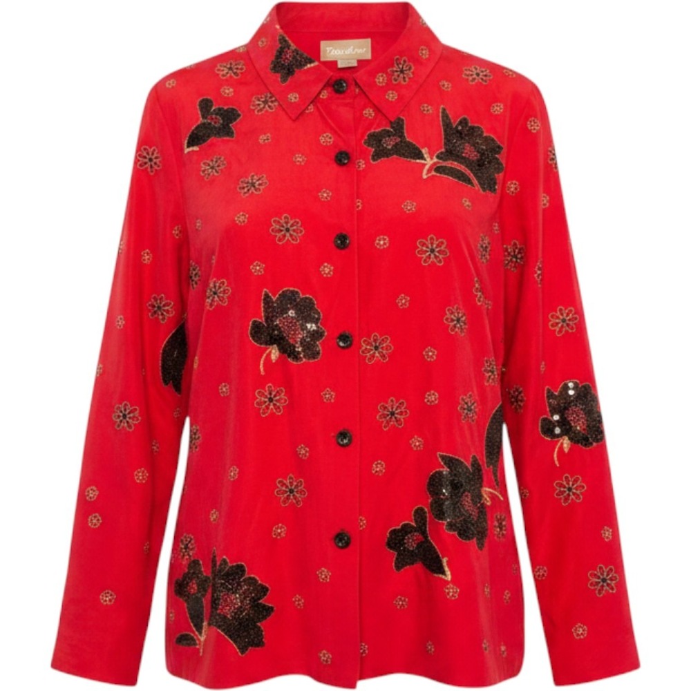 Tanjay Womens Red Floral Sequin Embroidered Button Front Blouse Top Small‎